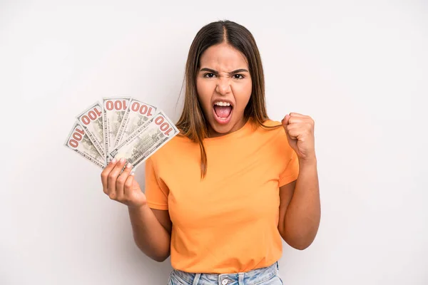 Hispanic Pretty Woman Shouting Aggressively Angry Expression Dollar Banknotes Savings — Foto Stock