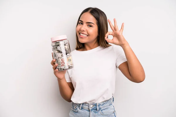Hispanic Pretty Woman Feeling Happy Showing Approval Okay Gesture Dollar — Stockfoto