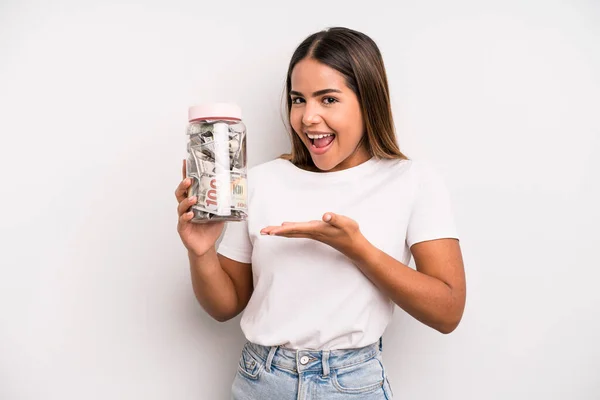 Hispanic Pretty Woman Smiling Cheerfully Feeling Happy Showing Concept Dollar — Stok fotoğraf