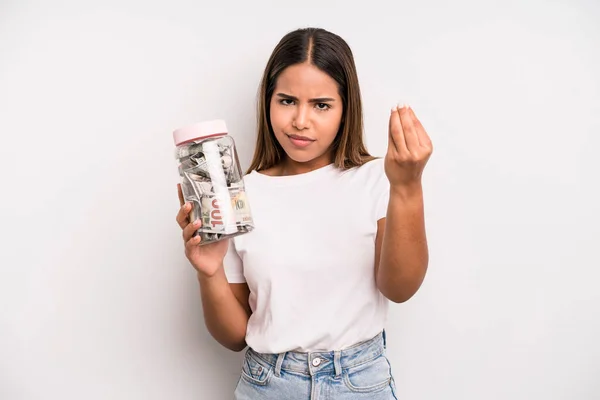 Hispanic Pretty Woman Making Capice Money Gesture Telling You Pay — Stockfoto
