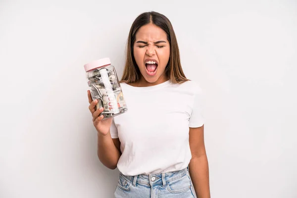 Hispanic Pretty Woman Shouting Aggressively Looking Very Angry Dollar Banknotes — Stok fotoğraf