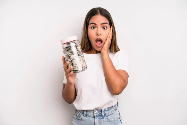 Hispanic Pretty Woman Feeling Shocked Scared Dollar Banknotes Savings Concept — Zdjęcie stockowe