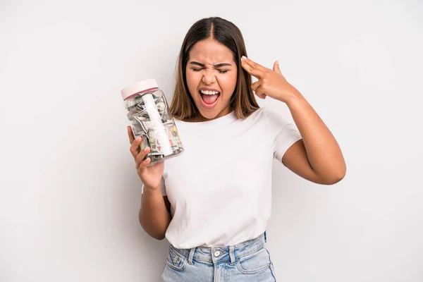 Hispanic Pretty Woman Looking Unhappy Stressed Suicide Gesture Making Gun — Stockfoto