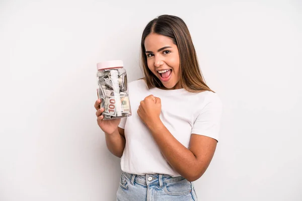 Hispanic Pretty Woman Feeling Happy Facing Challenge Celebrating Dollar Banknotes — Stok fotoğraf