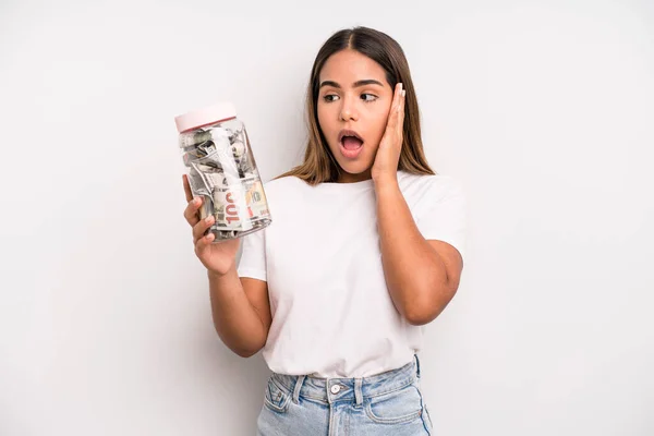 Hispanic Pretty Woman Feeling Happy Excited Surprised Dollar Banknotes Savings — Stockfoto