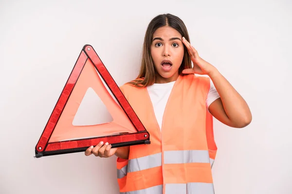 Hispanic Pretty Woman Looking Happy Astonished Surprised Car Accident Emergency — Stock Photo, Image
