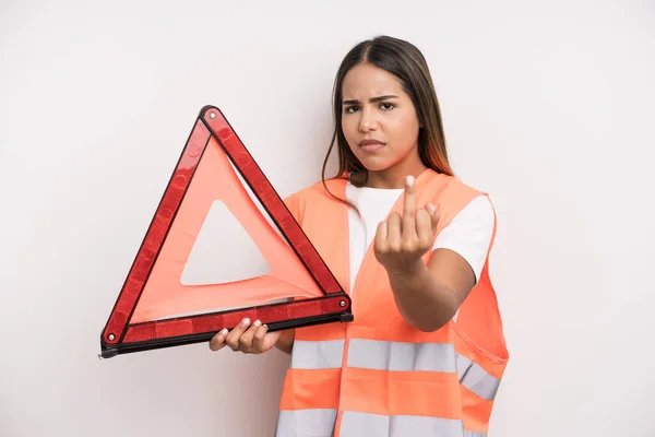 Hispanic Pretty Woman Feeling Angry Annoyed Rebellious Aggressive Car Accident — Stockfoto