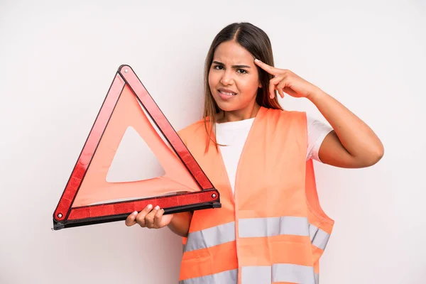 Hispanic Pretty Woman Feeling Confused Puzzled Showing You Insane Car — Stock Photo, Image