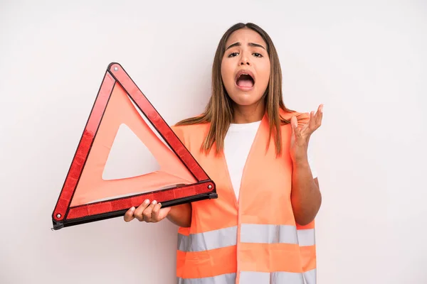 Hispanic Pretty Woman Looking Desperate Frustrated Stressed Car Accident Emergency — Stock Photo, Image