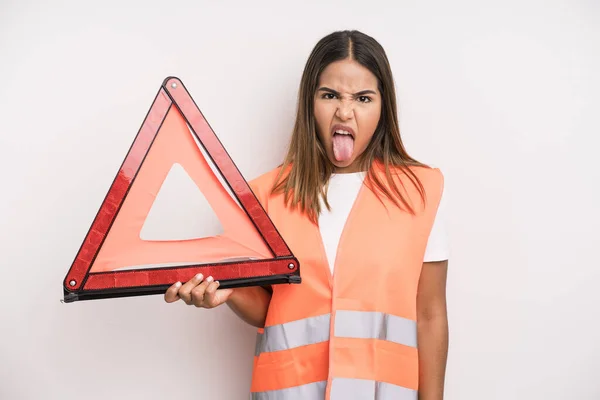 Hispanic Pretty Woman Feeling Disgusted Irritated Tongue Out Car Accident — Foto de Stock