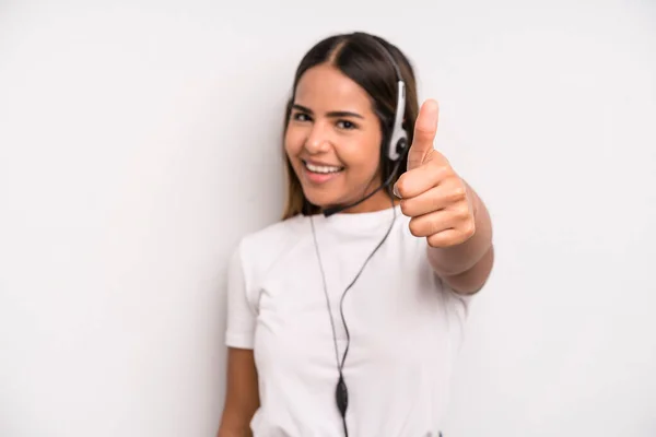 Hispanic Pretty Woman Feeling Proud Smiling Positively Thumbs Telemarketer Concept —  Fotos de Stock