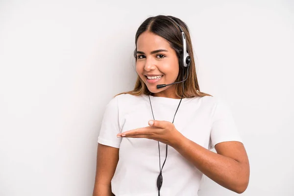 Hispanic Pretty Woman Smiling Cheerfully Feeling Happy Showing Concept Telemarketer — Fotografia de Stock