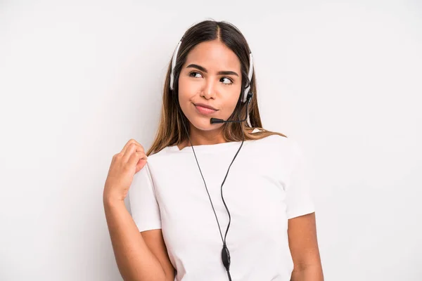 Hispanic Pretty Woman Looking Arrogant Successful Positive Proud Telemarketer Concept — Stockfoto