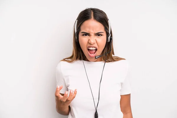 Hispanic Pretty Woman Looking Angry Annoyed Frustrated Telemarketer Concept — Stok fotoğraf