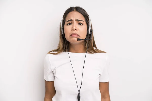 Hispanic Pretty Woman Feeling Sad Whiney Unhappy Look Crying Telemarketer — Stockfoto