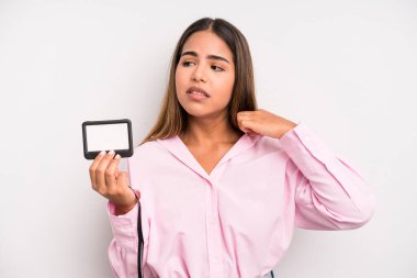 hispanic pretty woman feeling stressed, anxious, tired and frustrated. pass id card concept