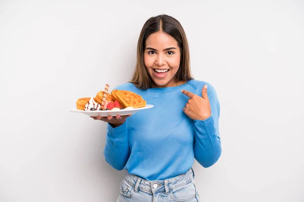 Hispanic Pretty Woman Feeling Happy Pointing Self Excited Waffles Breakfast —  Fotos de Stock