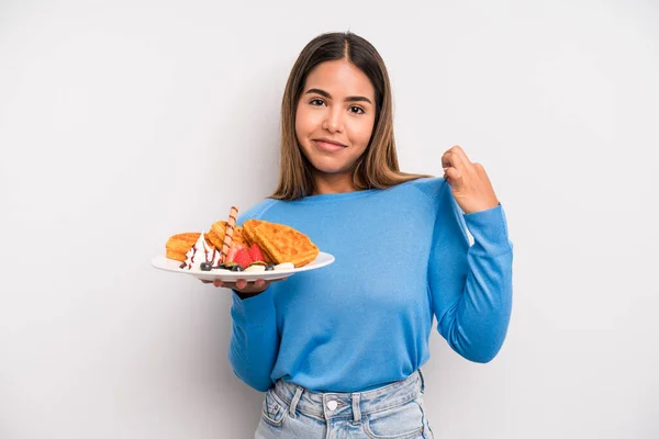 Hispanic Pretty Woman Looking Arrogant Successful Positive Proud Waffles Breakfast —  Fotos de Stock