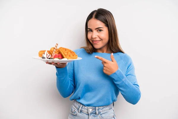 Hispanic Pretty Woman Looking Excited Surprised Pointing Side Waffles Breakfast —  Fotos de Stock