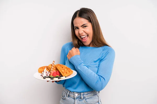 Hispanic Pretty Woman Feeling Happy Facing Challenge Celebrating Waffles Breakfast —  Fotos de Stock