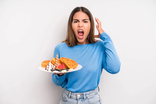Hispanic Pretty Woman Screaming Hands Air Waffles Breakfast Concept —  Fotos de Stock