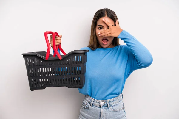 Hispanic Pretty Woman Looking Shocked Scared Terrified Covering Face Hand — Foto Stock