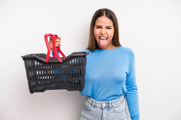 Hispanic Pretty Woman Cheerful Rebellious Attitude Joking Sticking Tongue Out — Stockfoto