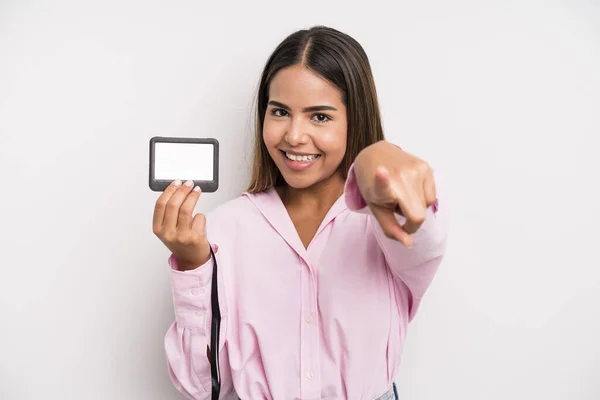 Hispanic Pretty Woman Pointing Camera Choosing You Pass Card Concept — Stok fotoğraf