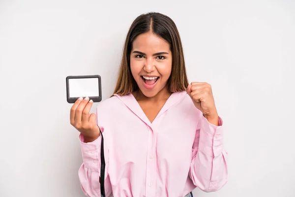 Hispanic Pretty Woman Feeling Shocked Laughing Celebrating Success Pass Card — Stock fotografie