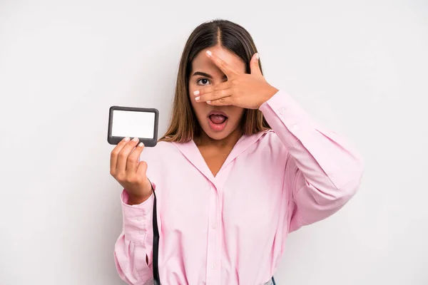 Hispanic Pretty Woman Looking Shocked Scared Terrified Covering Face Hand — Stok fotoğraf