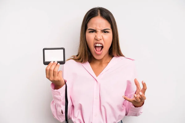 Hispanic Pretty Woman Looking Angry Annoyed Frustrated Pass Card Concept — Stockfoto