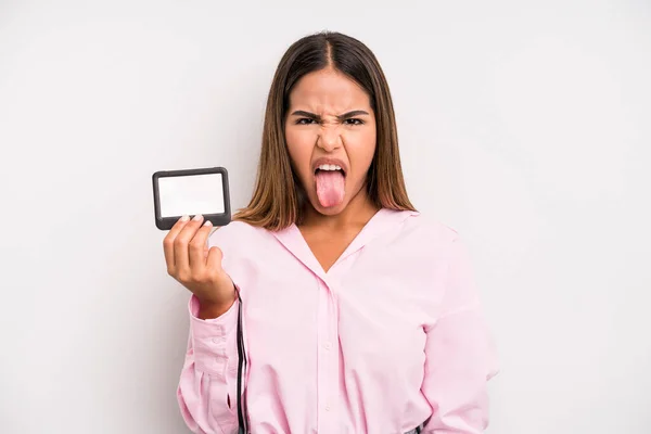 Hispanic Pretty Woman Feeling Disgusted Irritated Tongue Out Pass Card — Stok fotoğraf