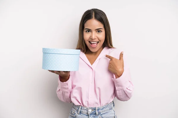 Hispanic Pretty Woman Feeling Happy Pointing Self Excited Gift Box —  Fotos de Stock