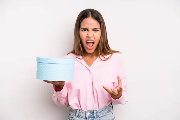 Hispanic Pretty Woman Looking Angry Annoyed Frustrated Gift Box Concept — Stock Photo, Image