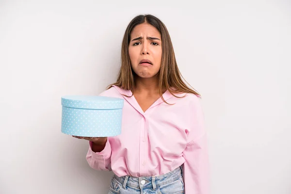 Hispanic Pretty Woman Feeling Sad Whiney Unhappy Look Crying Gift — Stock Photo, Image