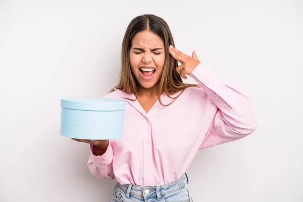 Hispanic Pretty Woman Looking Unhappy Stressed Suicide Gesture Making Gun — Stock Photo, Image