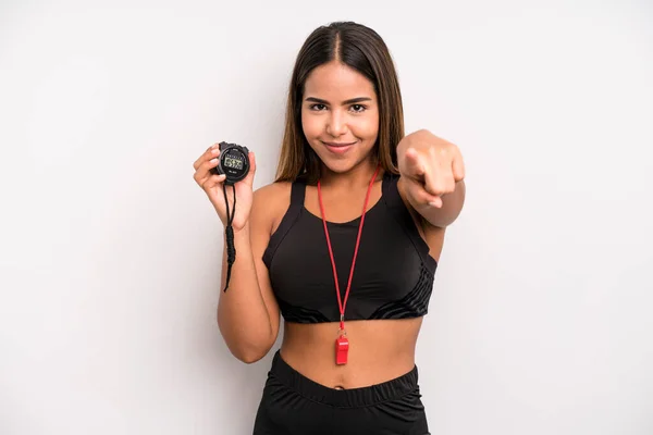 Hispanic Pretty Woman Pointing Camera Choosing You Swimmer Concept — 图库照片