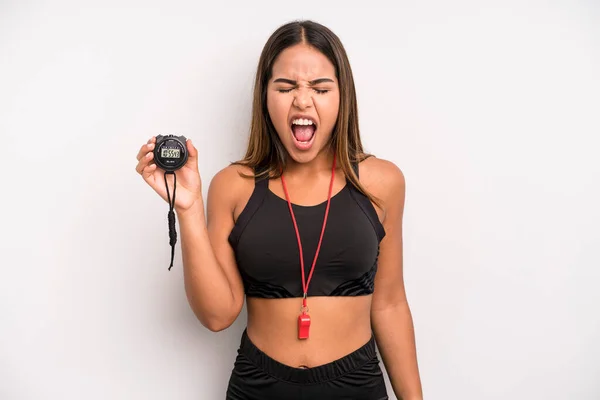 Hispanic Pretty Woman Shouting Aggressively Looking Very Angry Swimmer Concept — Stock Photo, Image