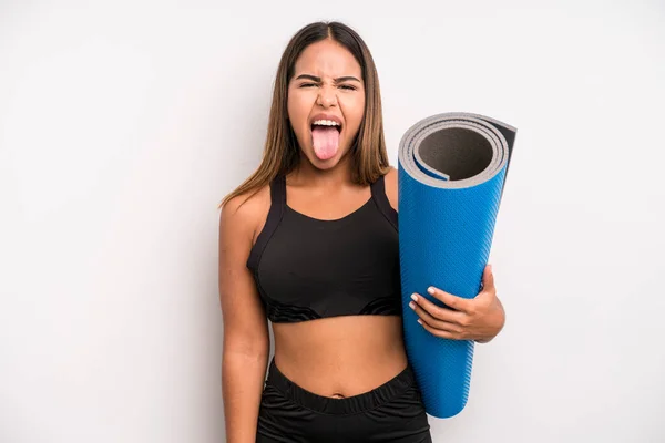 Hispanic Pretty Woman Feeling Disgusted Irritated Tongue Out Fitness Yoga — Photo