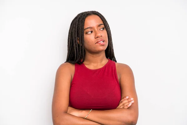 Black Young Adult Woman Doubting Thinking Biting Lip Feeling Insecure — Stockfoto