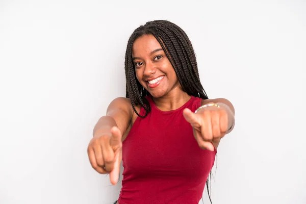 Black Young Adult Woman Feeling Happy Confident Pointing Camera Both — Stok fotoğraf