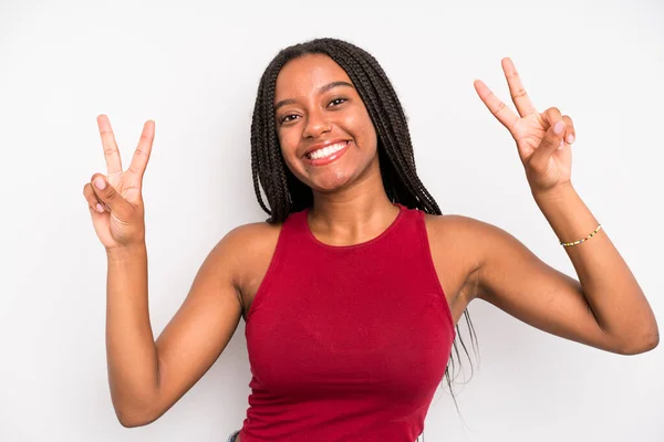 Black Young Adult Woman Smiling Looking Happy Friendly Satisfied Gesturing — Stockfoto