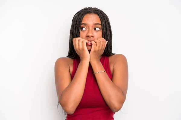 Black Young Adult Woman Looking Worried Anxious Stressed Afraid Biting —  Fotos de Stock