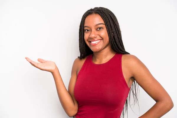 Black Young Adult Woman Smiling Feeling Confident Successful Happy Showing — Stockfoto