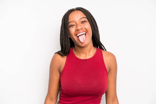 Black Young Adult Woman Cheerful Carefree Rebellious Attitude Joking Sticking — Foto de Stock