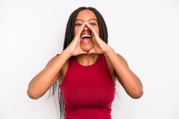Black Young Adult Woman Feeling Happy Excited Positive Giving Big — Stockfoto