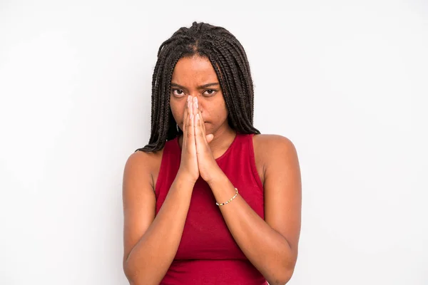 Black Young Adult Woman Feeling Worried Hopeful Religious Praying Faithfully — Stockfoto