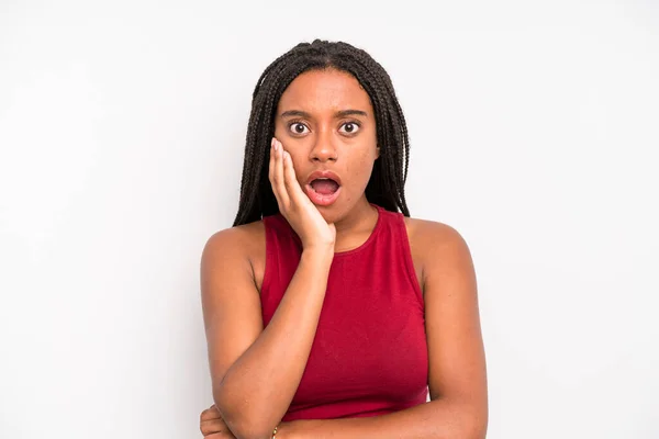 Black Young Adult Woman Open Mouthed Shock Disbelief Hand Cheek —  Fotos de Stock