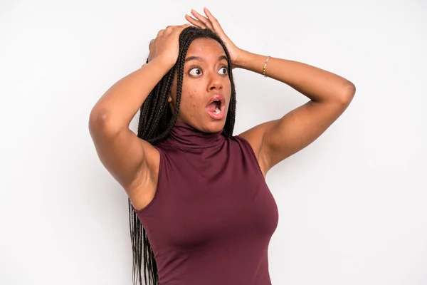Black Young Adult Woman Open Mouth Looking Horrified Shocked Because —  Fotos de Stock