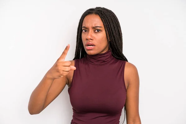 Black Young Adult Woman Pointing Camera Angry Aggressive Expression Looking — Stockfoto